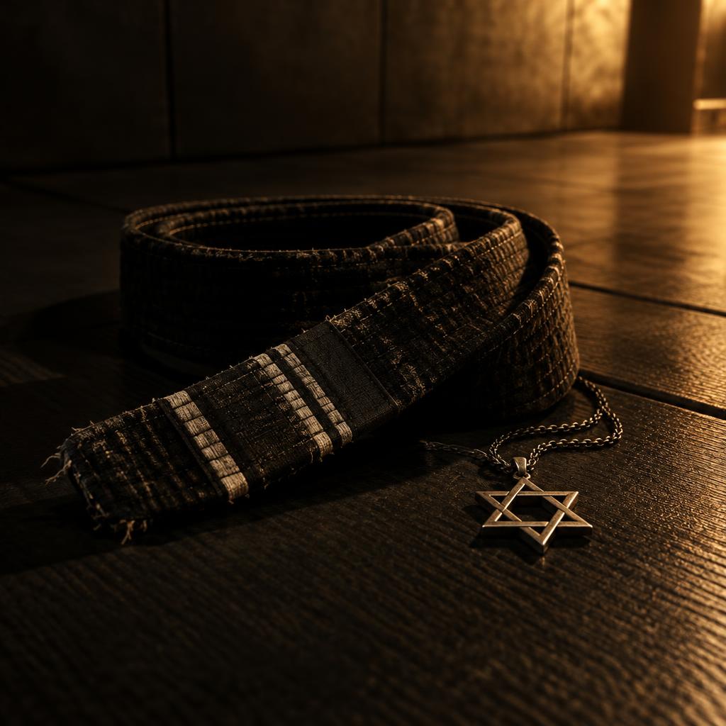 A worn black belt beside a Star of David pendant on dark mats
